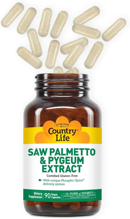 Country Life Saw Palmetto & Pygeum Extract - Prostate Health Supplement for Men's Health - Promotes Healthy Urinary Tract Function, 90 Capsules