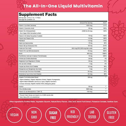 Liquid Multivitamin for Women, Men & Kids | Sugar Free Liquid Vitamins | Vitamin A, B, C, D, E, K, Biotin, Zinc, Magnesium | Energy, Beauty, Immune Support Supplement | Vegan, Natural Raspberry