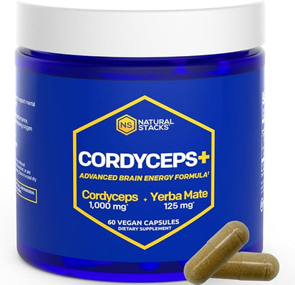 NATURAL STACKS CORDYCEPS + Lions Mane Mushroom Supplement Bundle - Supports Brain Energy and Memory* - 120 Mushroom Capsules