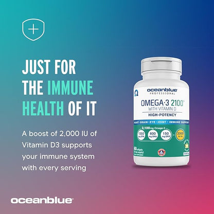 Oceanblue Professional Omega-3 2100 with Vitamin D3 – 180 ct – Triple Strength Burpless Fish Oil Supplement with High-Potency EPA, DHA, DPA – Wild-Caught – Orange Flavor (90 Servings)