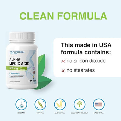 Puregen Labs Alpha Lipoic Acid 600mg [High Potency] Total 360 Veggie Caps, Antioxidant Support | No Harmful Additives | Non-GMO, NO Gluten and Dairy, 600 mg per Capsule - Made in USA - 2 Pack