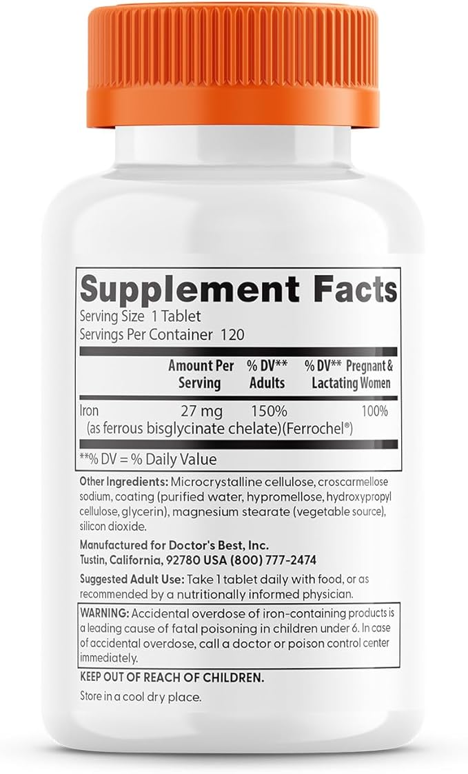 Doctor's Best High Absorption Iron Tablet with Ferrochel, Gentle on The Stomach, Immune Health, Blood Health, 27 mg