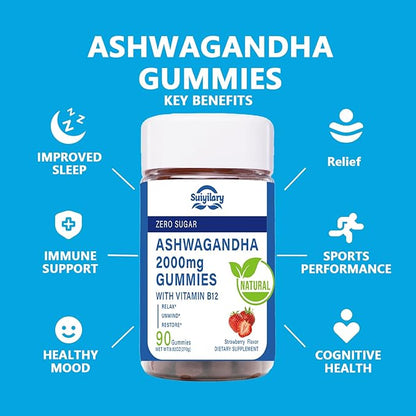 Ashwagandha Gummies 2000mg, Ashwagandha High Strength Root Extract Supplement with Vitamin B12 for Men Women, Strawberry Flavour 45 Days Supply 90 Gummies