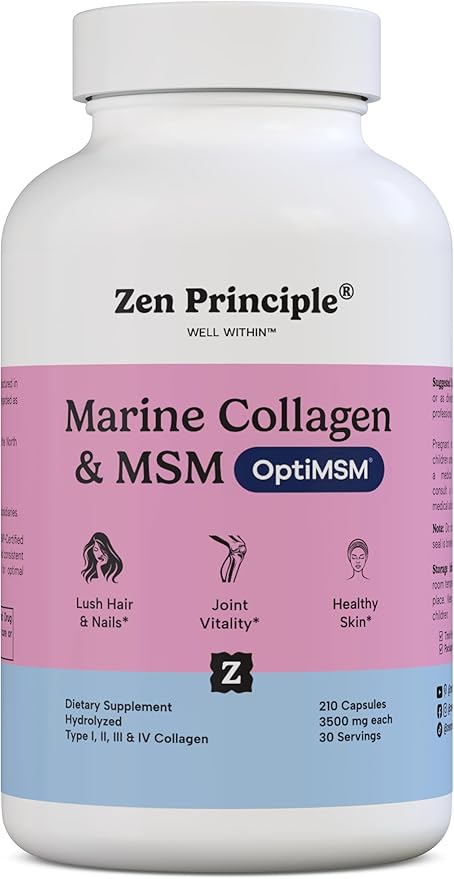 Zen Principle Marine Collagen Peptides Powder with OptiMSM® Supplement. Clinically Tested for Skin Support. Wild-Caught Fish, Non-GMO. 210 Capsules.
