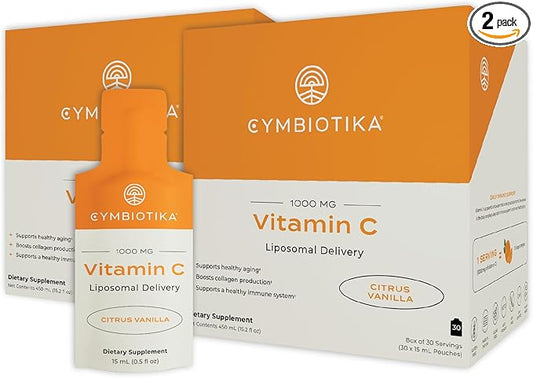 CYMBIOTIKA Vitamin C Individual Packets, Liposomal Delivery, Supplement for Immune Support, Collagen Boost, & Healthy Aging, Skin Hydration Packets, Citrus Vanilla Flavor, 60 Servings, 2pck (2)