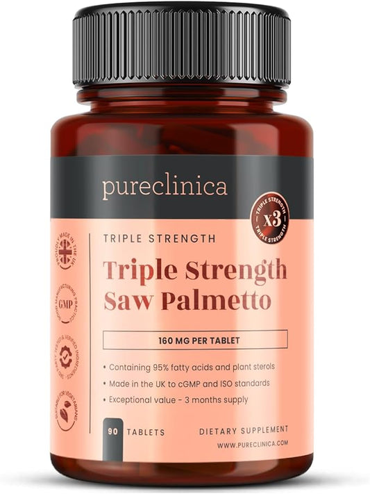 pureclinica High Potency Saw Palmetto x 90 Tablets - 160mg of 20:1 Saw Palmetto Extract per Tablet - Equivalent to 3200mg - 3 Months Supply - 95% Fatty Acids