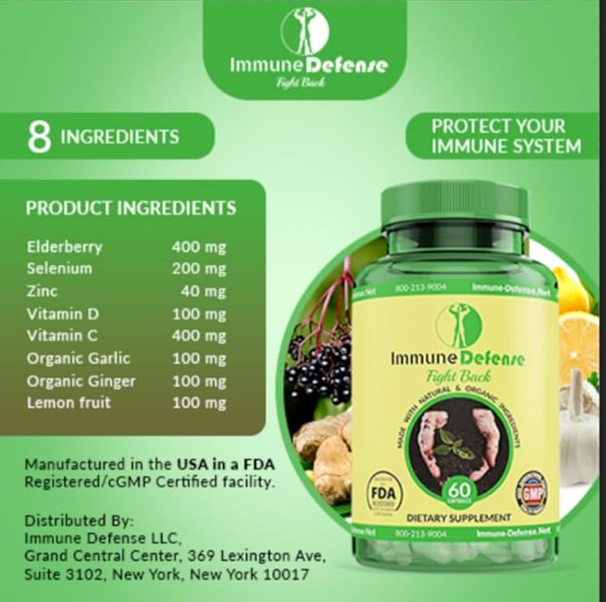 Immune Support Supplement - Natural & Organic Immune Boosters for Adults - Immunity Support with Vitamin C & Vitamin D, Garlic, Ginger, Lemon, Elderberry, Selenium & Zinc - 60 Capsules