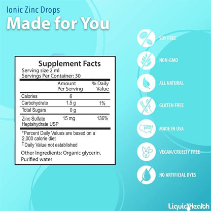 LIQUIDHEALTH USDA Organic Ionic Zinc High Potency Drops - Trace Mineral Liquid Vitamin Supplement for Adults & Kids - Immune & Digestive Support, Skin & Wound Health - USA Made, Vegan, Non-GMO (2 oz)