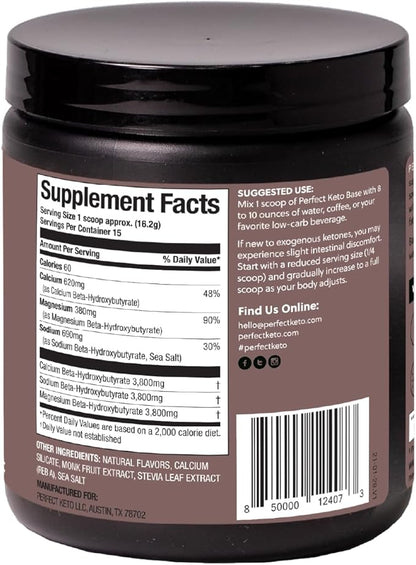 Perfect Keto Exogenous Ketones Powder, BHB Salts for Ketosis & Fasting Support, Electrolytes for Hydration, Caffeine Free Energy, Chocolate, 8.57 oz