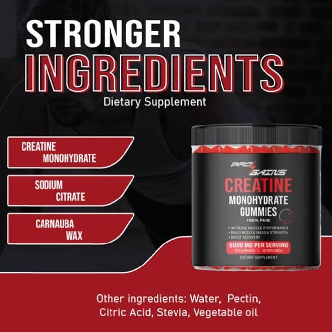 Creatine Monohydrate Gummies - 120 Gummies / 30 Servings | Strawberry Flavor | for Muscle Mass & Strength | 100% Pure - Zero Sugar