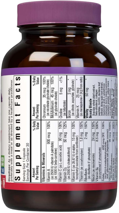 Bluebonnet Nutrition Ladies’ ONE 40+ Whole Food-Bed Multiple, Women Multivitamin for Women 40+, Soy-Free, Non-GMO, Gluten Free, 30 Vegetable Capsules, 30 Servings