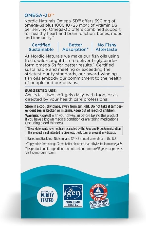 Nordic Naturals Omega-3D, Lemon Flavor - 120 Soft Gels - 690 mg Omega-3 + 1000 IU Vitamin D3 - Fish Oil - EPA & DHA - Immune Support, Brain & Heart Health, Healthy Bones - Non-GMO - 60 Servings