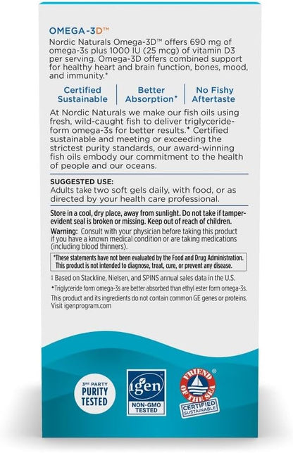 Nordic Naturals Omega-3D, Lemon Flavor - 120 Soft Gels - 690 mg Omega-3 + 1000 IU Vitamin D3 - Fish Oil - EPA & DHA - Immune Support, Brain & Heart Health, Healthy Bones - Non-GMO - 60 Servings
