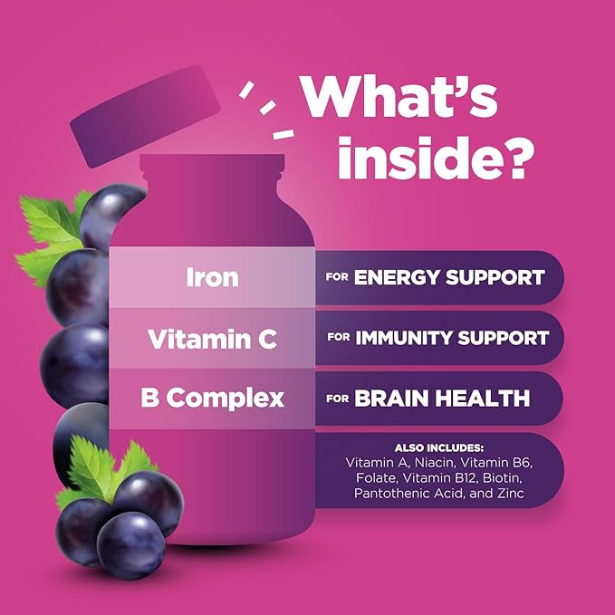 Iron Gummies with Vitamin C for Kids - Blood Builder Iron Supplements for Kids with Gentle for Stronger Immunity & Energy Support - Vitamin B6, B12, A, Niacin & Folate Gummies - Vegan & GMO -120 Count