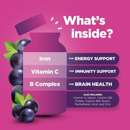 Iron Gummies with Vitamin C for Kids - Blood Builder Iron Supplements for Kids with Gentle for Stronger Immunity & Energy Support - Vitamin B6, B12, A, Niacin & Folate Gummies - Vegan & GMO -120 Count