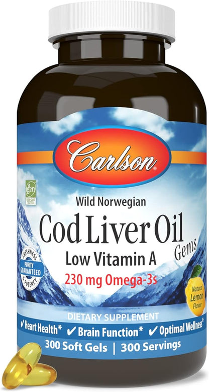 Carlson - Cod Liver Oil Gems, Low Vitamin A, 230 mg Omega-3s, Norwegian, Wild Caught, Sustainably Sourced, 300 Softgels