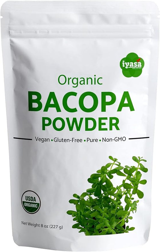 Organic Bacopa Powder (Brahmi Leaf), Certified Organic Ayurveda Superfood, Hair and Brain Tonic, Resealable Pouch of 8 oz