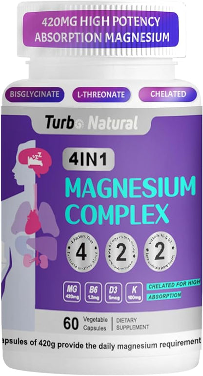420 Mg Magnesium Bisglycinate L-Threonate Amino Acid Chelated Supplement with Vitamin and Potassium High Absorption Formula for Relaxation Calm for Women & Men Magnesium Complex Capsules (120)