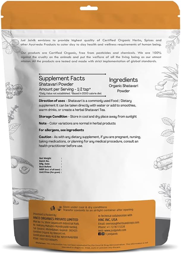 Just Jaivik 100% Organic Shatavari Powder, USDA Organic, 1/2 Pound / 227g, Asparagus Racemosus, Rejuvenative for Vata and Pitta That Promotes Vitality and Strength