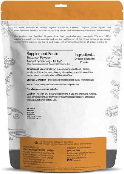 Just Jaivik 100% Organic Shatavari Powder, USDA Organic, 1/2 Pound / 227g, Asparagus Racemosus, Rejuvenative for Vata and Pitta That Promotes Vitality and Strength