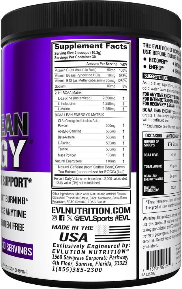 EVL BCAA Lean Energy Powder - Pre Workout Green Tea Fat Burner Support with BCAAs Amino Acids and Clean Energizers - BCAA Powder Post Workout Recovery Drink for Lean Muscle Recovery - Furious Grape