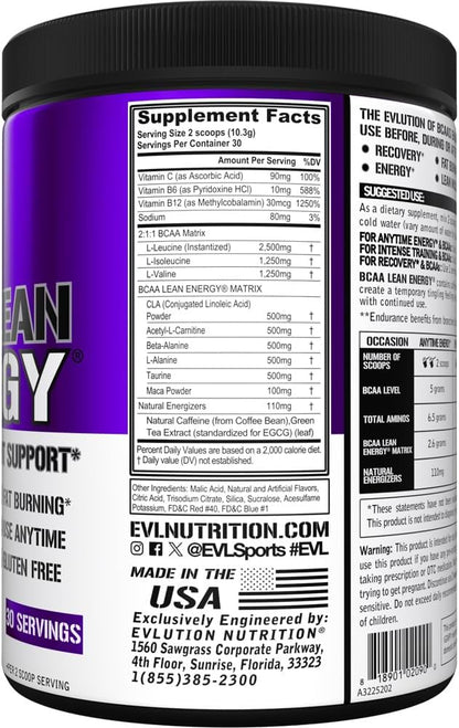 EVL BCAA Lean Energy Powder - Pre Workout Green Tea Fat Burner Support with BCAAs Amino Acids and Clean Energizers - BCAA Powder Post Workout Recovery Drink for Lean Muscle Recovery - Furious Grape