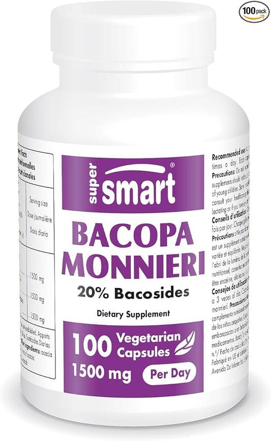 Supersmart - Bacopa Monnieri 1500 mg Per Day - Nootropic Supplement & Brain Boost - Help Improve Learning, Memory & Information Processing | Non-GMO & Gluten Free - 100 Vegetarian Capsules