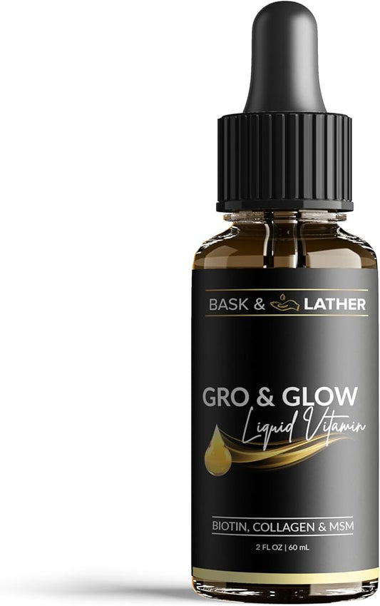 BASK & LATHER GRO & Glow Liquid Vitamin, Liquid Collagen for Women, Natural Ingredients with Collagen, Biotin, Msm, Beauty Supplement, Helps Support Healthy Hair, Skin & Nails, Cherry Flavor, 2 FL Oz