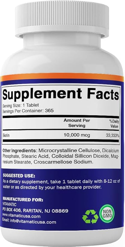 Vitamatic Biotin 10,000 mcg (10 mg) for Stronger Hair, Skin & Nails - 365 Vegan Tablets- Also Called Vitamin B7