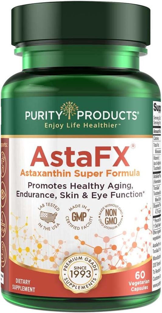 Purity Products AstaFX Astaxanthin Antioxidant Super Formula from Clinically Tested 4 mg AstaREAL with Tocotrienols (Vitamin E) + BioPerine Black Pepper + Piperine - 60 Vegetarian Caps