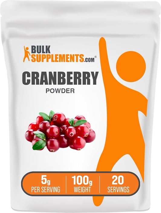 BulkSupplements.com Cranberry Powder - Cranberry Supplements for Women & Men, Dried Cranberries Unsweetened - Gluten Free & Sugar Free, 5g per Serving, 100g (3.5 oz) (Pack of 1)