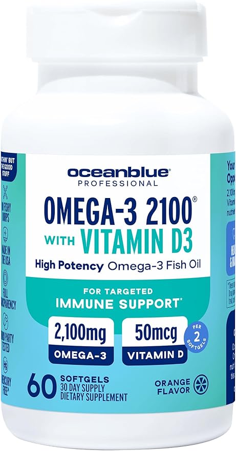 Oceanblue Professional Omega-3 2100 with Vitamin D3 – 60 ct – Triple Strength Burpless Fish Oil Supplement with High-Potency EPA, DHA, DPA and Vitamin D3 – Wild-Caught – Orange Flavor (30 Servings)