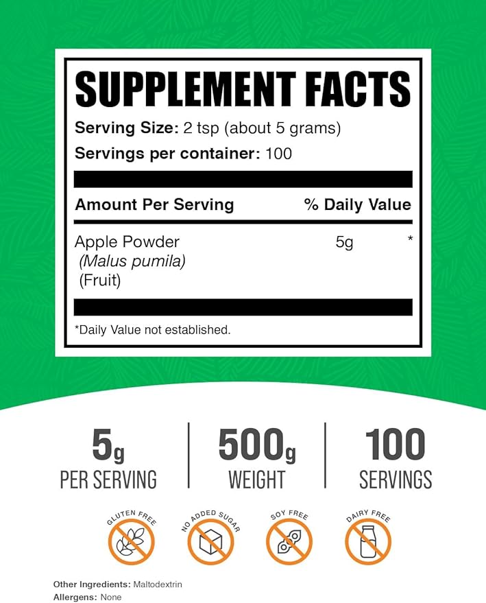 BulkSupplements.com Apple Powder - Apple Fruit Powder, Superfood for Digestive Support - Natural & Gluten Free, 5g per Serving, 500g (1.1 lbs) (Pack of 1)
