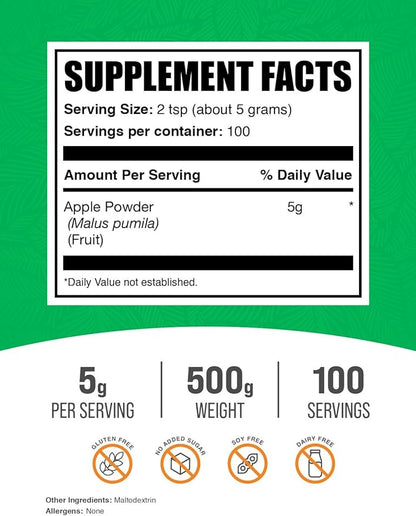 BulkSupplements.com Apple Powder - Apple Fruit Powder, Superfood for Digestive Support - Natural & Gluten Free, 5g per Serving, 500g (1.1 lbs) (Pack of 1)