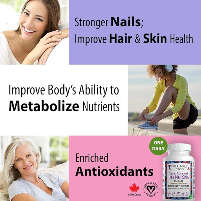 Vegan Advanced Hair Nail Skin One-Daily, 90 Veggie Caps - Antioxidant Enriched - Improve Hair, Improve Skin Health and Nail Health - Plant Based with Biotin & Natural Superfood