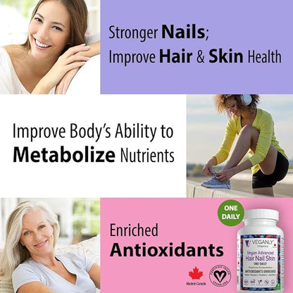 Vegan Advanced Hair Nail Skin One-Daily, 90 Veggie Caps - Antioxidant Enriched - Improve Hair, Improve Skin Health and Nail Health - Plant Based with Biotin & Natural Superfood