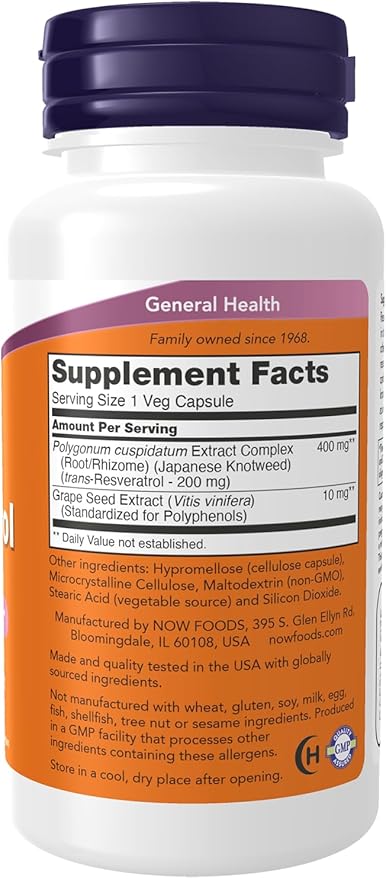 NOW Foods Supplements, Natural Resveratrol 200 mg with Red Wine Extract, 60 Veg Capsules