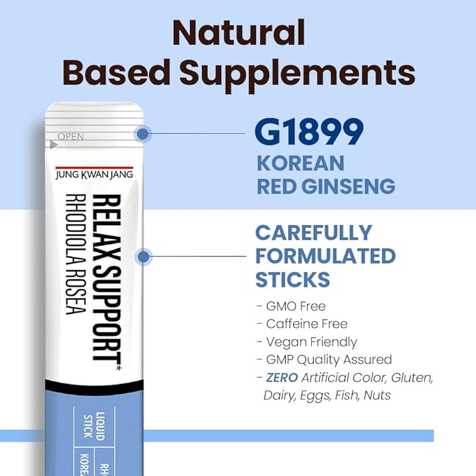 JungKwanJang Relax Support Rhodiola Rosea (800mg), Korean Red Ginseng Everytime Extract Sticks, Relaxation Supplement for Calm and Clarity, 10 Count