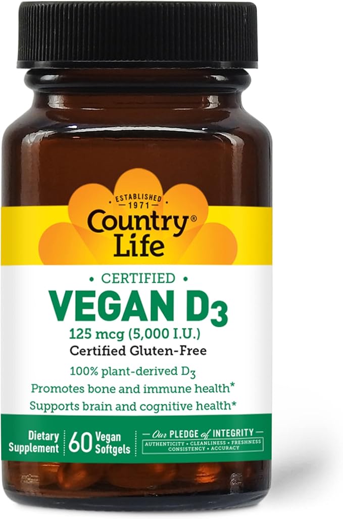 Country Life Vegan D3 5000 IU, 60 Softgels, Certified Gluten Free, Certified Vegan
