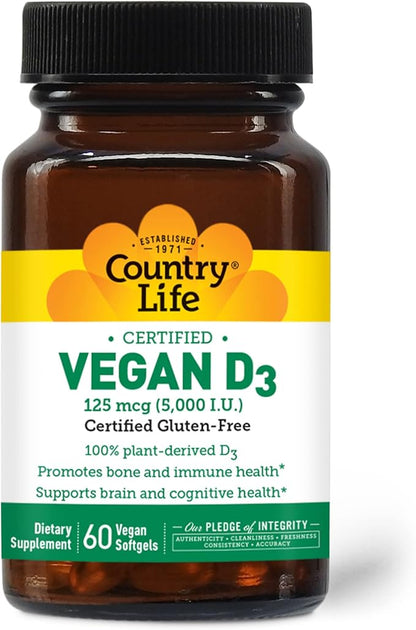 Country Life Vegan D3 5000 IU, 60 Softgels, Certified Gluten Free, Certified Vegan