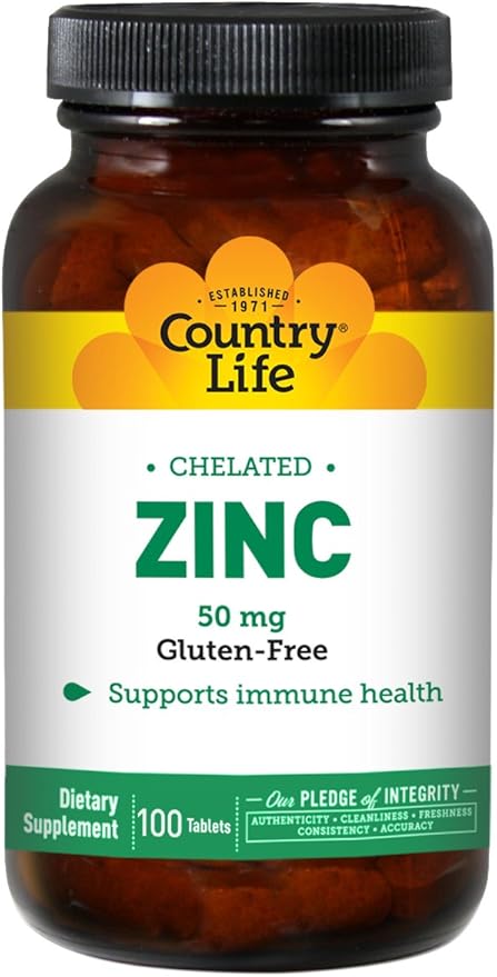 Country Life Chelated Zinc 50 mg - Certified Gluten-Free & Vegan Immune Support Supplement, Enhances Zinc Absorption, Supports Body’s Protein Production & Cellular Health, 100 Vegetarian Tablets