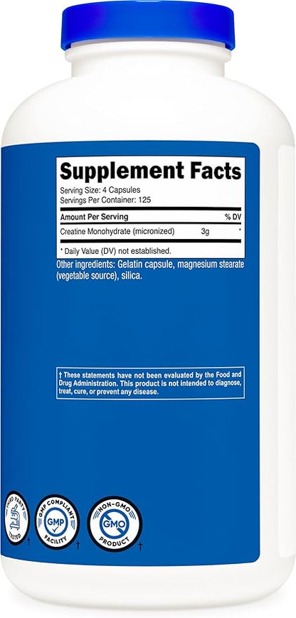 Nutricost Micronized Creatine Monohydrate 3,000mg 500 Capsules, 125 Servings, 750mg of Creatine Monohydrate Per Capsule
