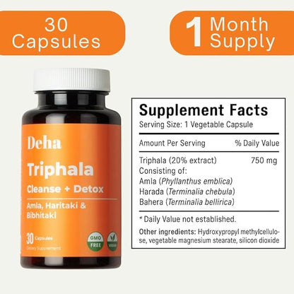 Triphala Capsules Immune Support & Digestive Health with Amla, Haritaki & Bibhitaki – Gut Cleanse, Detox, Bloating Relief – GMP Certified, Non-GMO, Vegan – 30 Count