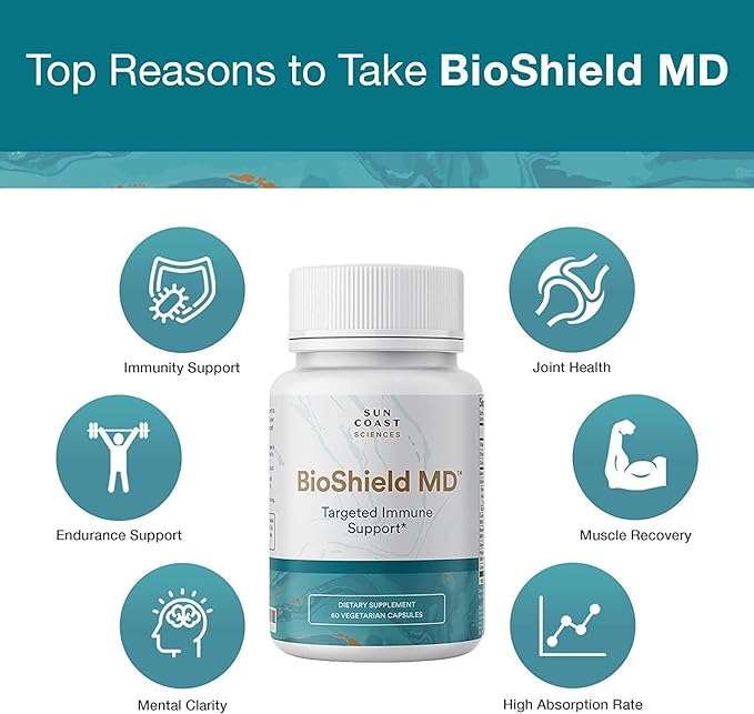 SUN COAST SCIENCES BioShield MD from Premium Immunity Support with Vitamin C, Vitamin D, Zinc, for Focus, Clarity, Joints Healthy and Muscle Recovery (60 Capsules)