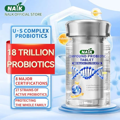 NAIK Probiotics 1800 Billion CFU - 10 Strains + Organic Prebiotics - Immune, Digestive & Gut Health - Supports Occasional Constipation, Diarrhea, Gas & Bloating - for Women & Men - 45ct