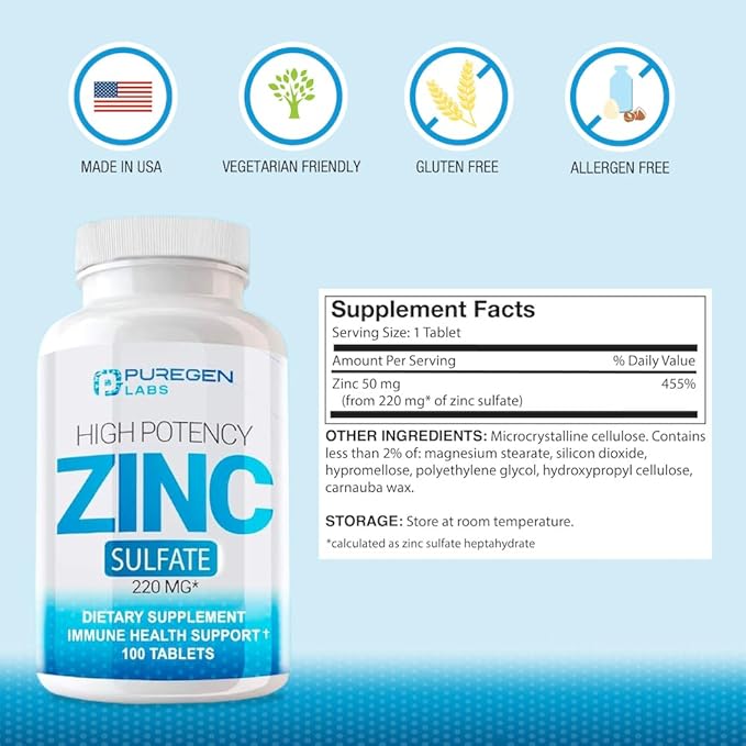 Puregen Labs Zinc Sulfate 220 mg Dietary Supplement Tablets - 100 Count (Pack of 2)