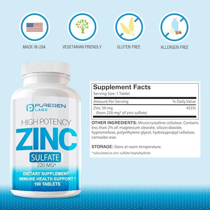 Puregen Labs Zinc Sulfate 220 mg Dietary Supplement Tablets - 100 Count (Pack of 2)