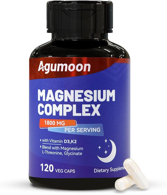 Magnesium Supplement with Vitamin D3 K2- Chelated Magnesium Complex 1800mg - Magnesium L-Threonine & Glycinate -120 Capsules