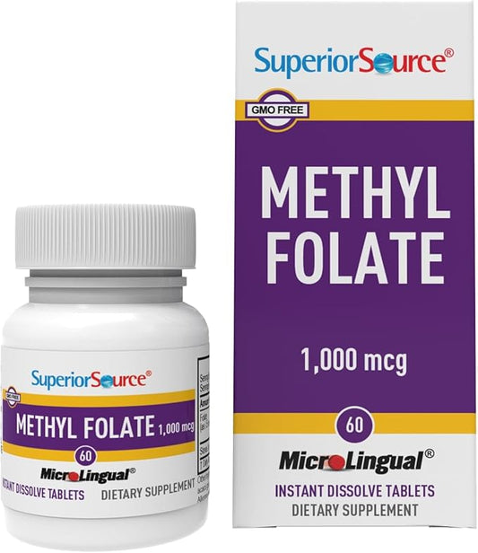 Superior Source Methyl Folate 1,000 mcg - Folate Supplement for Women & Men - Methylated Folate Supplement Supports Healthy Nervous System & Red Blood Cells - 60 Sublingual Dissolving Tablets