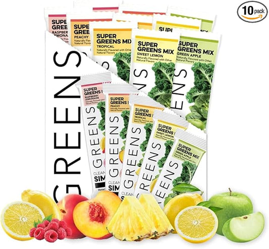 Clean Simple Eats Greens Variety 10 Pack, Greens Powder Mix, Packed with Superfoods Chlorella & Spirulina, Includes 5 Delicious Flavors: Peachy, Green Apple, Raspberry Lemonade, Sweet Lemon & Tropical